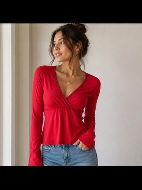 Red Long-Sleeve Wrap V-Neck Top